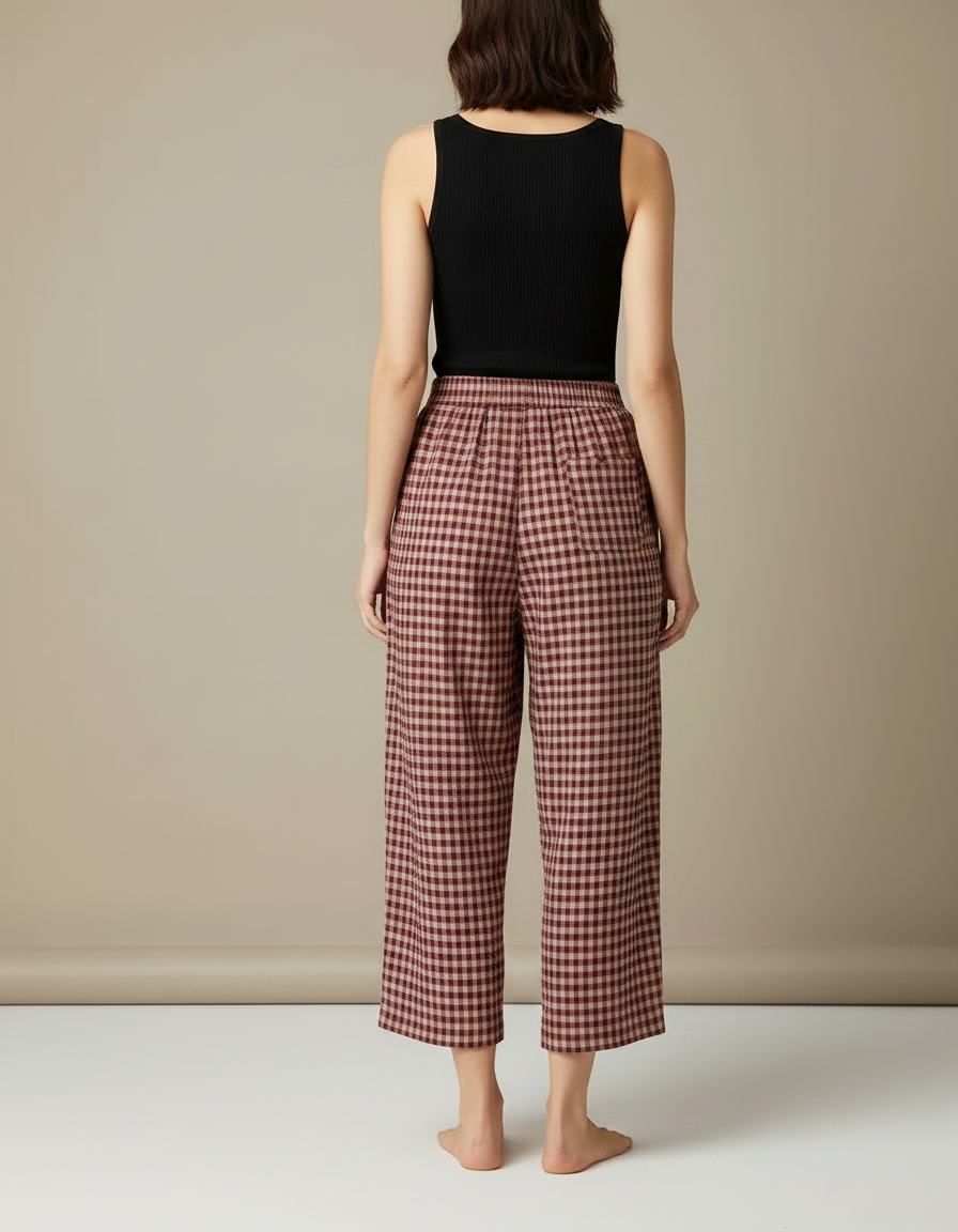 Pantalon Fluide Carreaux Rouges Ample Coton Confortable - vue 2