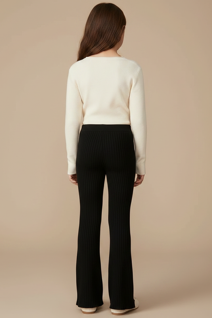 Pantalon Fluide Noir Tricoté Côtelé Évasé Enfant - Maille - vue 2