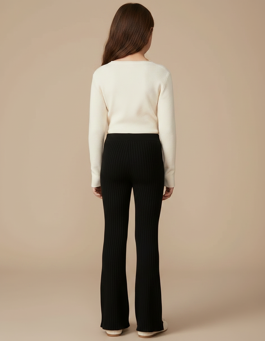 Pantalon Fluide Noir Tricoté Côtelé Évasé Enfant - Maille - vue 2