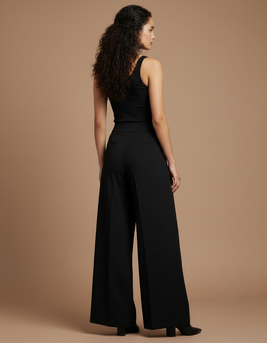 Pantalon Fluide Noir Ample Taille Haute Élégant Femme - Polyester - vue 2
