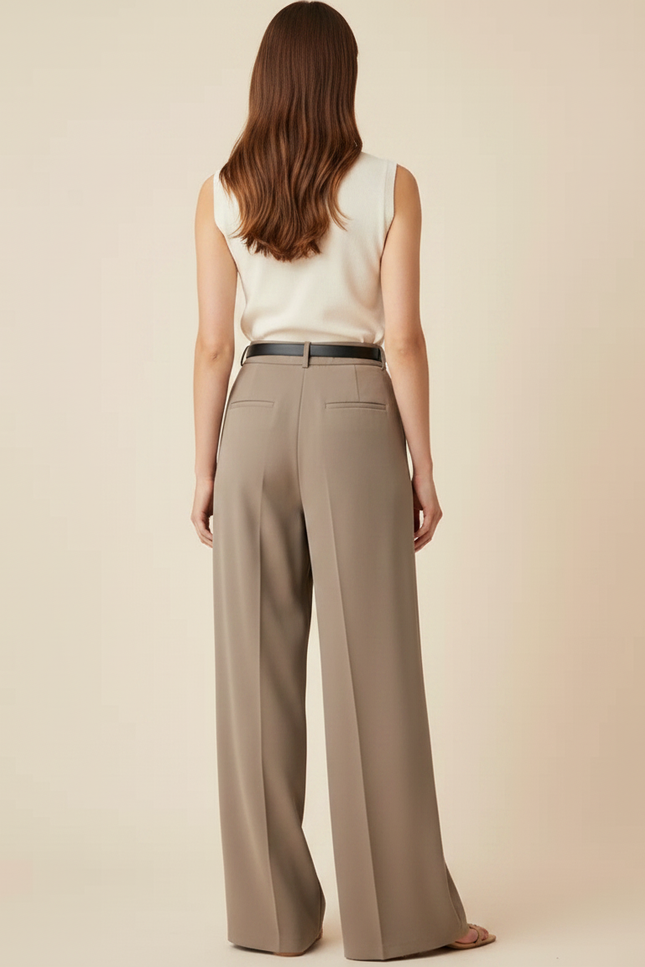 Pantalon Fluide Élégeant Taille Haute Plissé Marron Ample - Polyester - vue 2