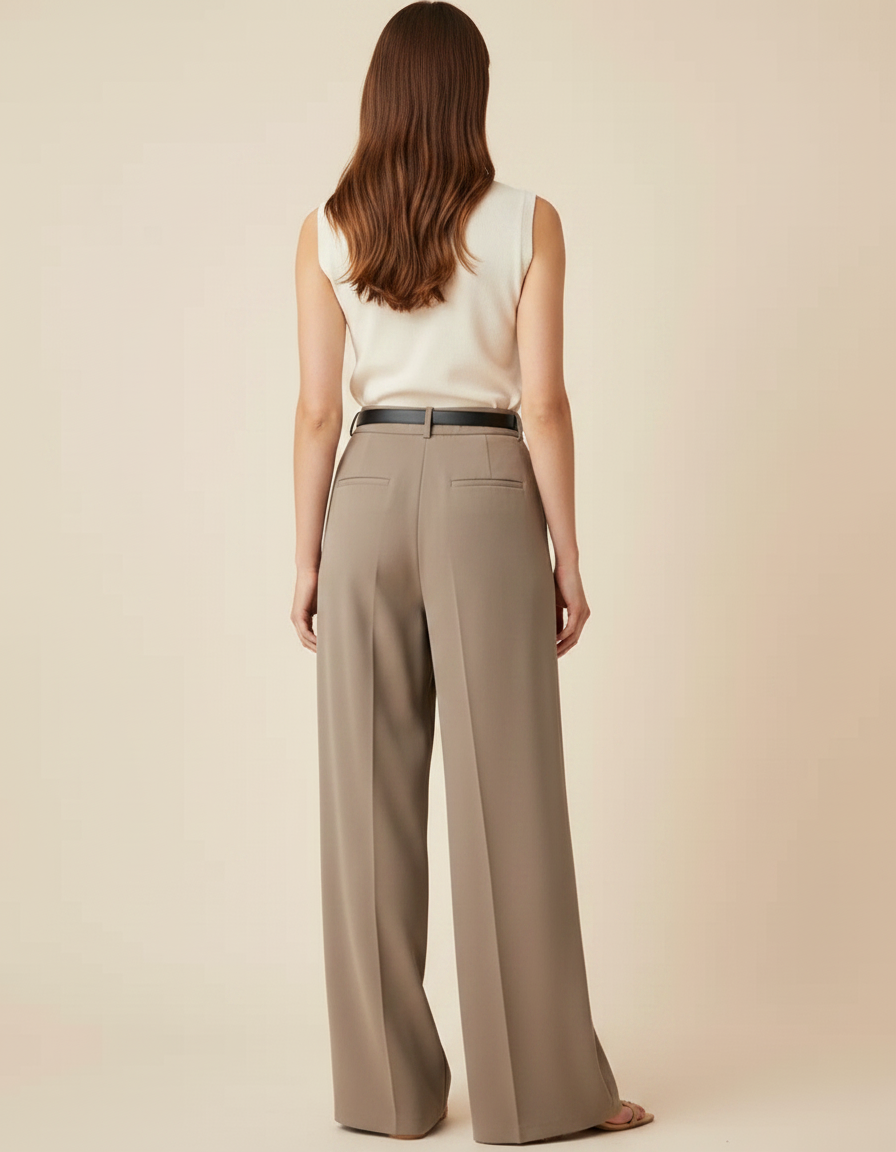 Pantalon Fluide Élégeant Taille Haute Plissé Marron Ample - Polyester - vue 2