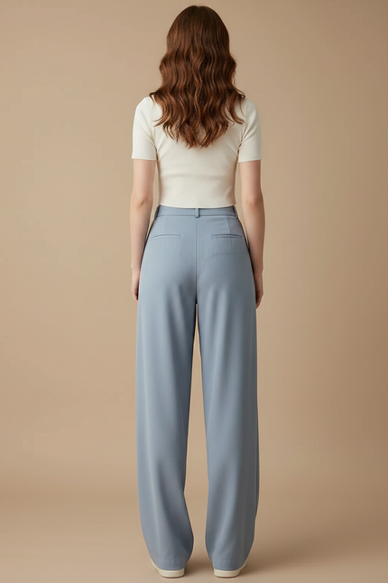Pantalon Fluide Ample Taille Haute Droit Élégant - Bleu Polyester - vue 2