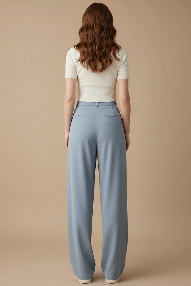 Pantalon Fluide Ample Taille Haute Droit Élégant - Bleu Polyester - vue 2