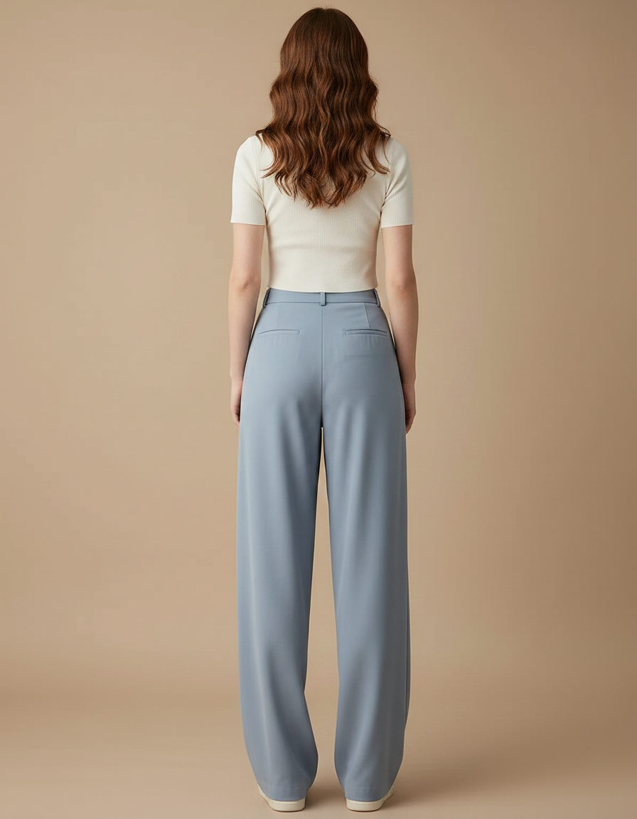 Pantalon Fluide Ample Taille Haute Droit Élégant - Bleu Polyester - vue 2