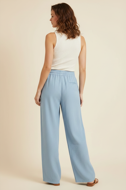 Pantalon Fluide Bleu Ciel Ample Coton Lin Décontracté - vue 2