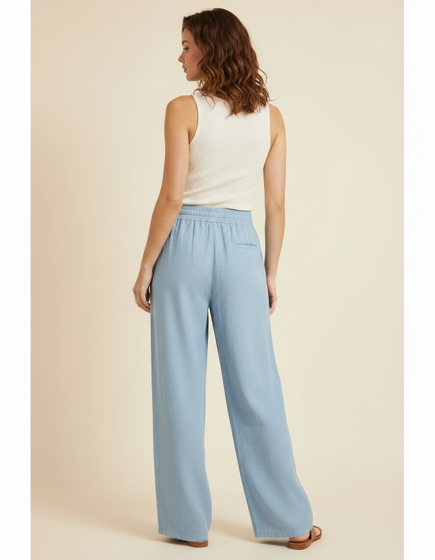 Pantalon Fluide Bleu Ciel Ample Coton Lin Décontracté - vue 2