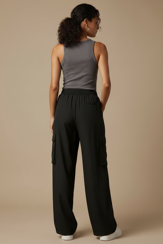 Pantalon Fluide Noir Ample Taille Haute Cargo Femme - Polyester - vue 2