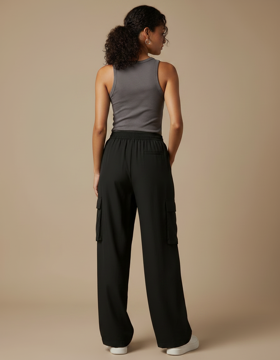 Pantalon Fluide Noir Ample Taille Haute Cargo Femme - Polyester - vue 2