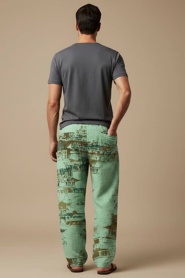 Pantalon Fluide Vert Ample Imprimé Asiatique Homme - Lin - vue 2