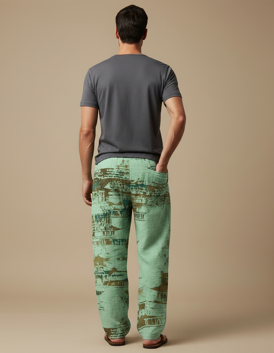 Pantalon Fluide Vert Ample Imprimé Asiatique Homme - Lin - vue 2