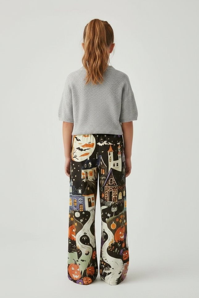 Pantalon Fluide Halloween Ample Motif Fantôme Citrouille Enfant - Multicolore Satin - vue 2