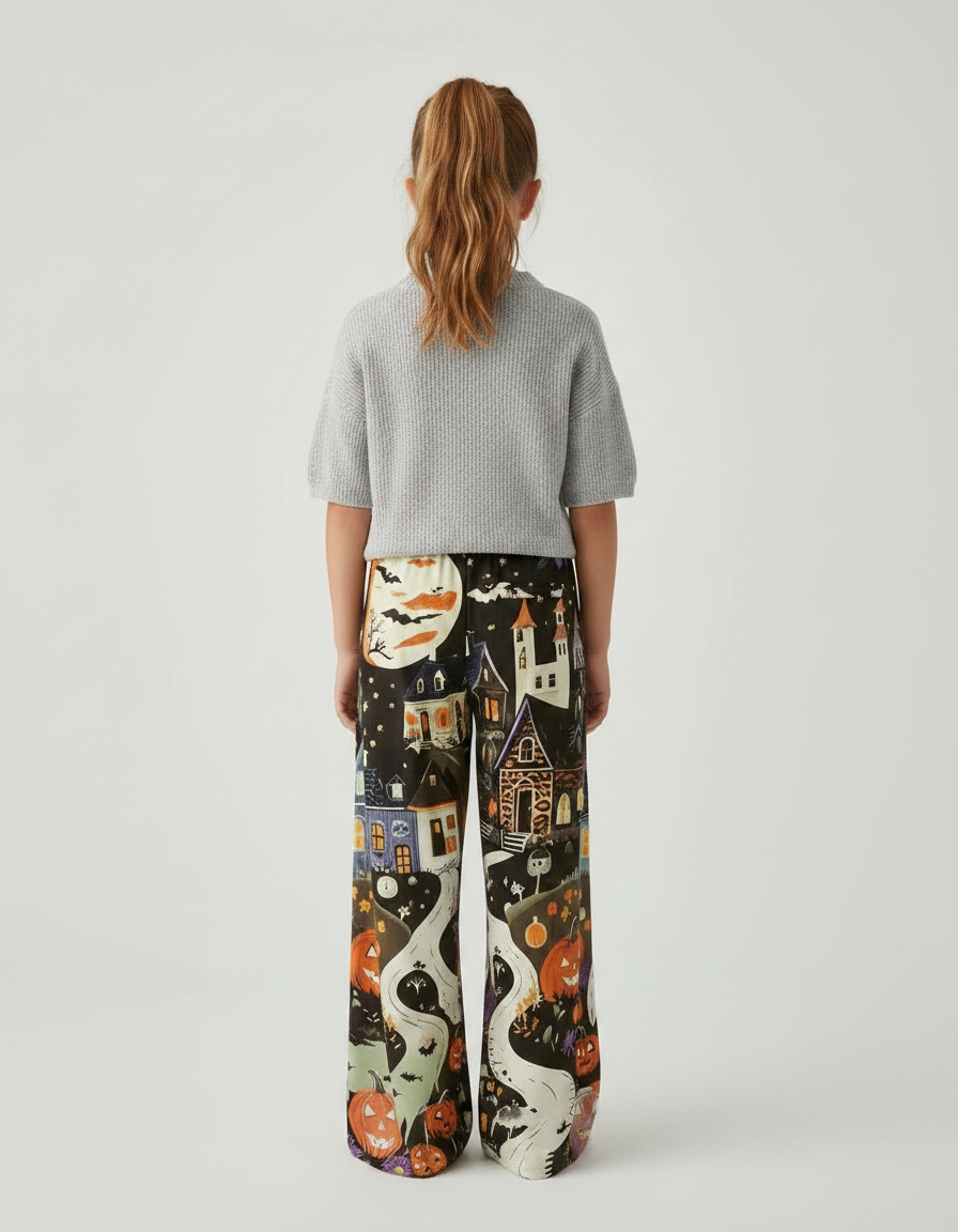 Pantalon Fluide Halloween Ample Motif Fantôme Citrouille Enfant - Multicolore Satin - vue 2