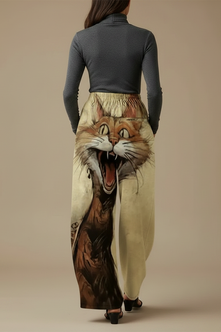 Pantalon Fluide Imprimé Chat Ample Décontracté Beige - Viscose - vue 2
