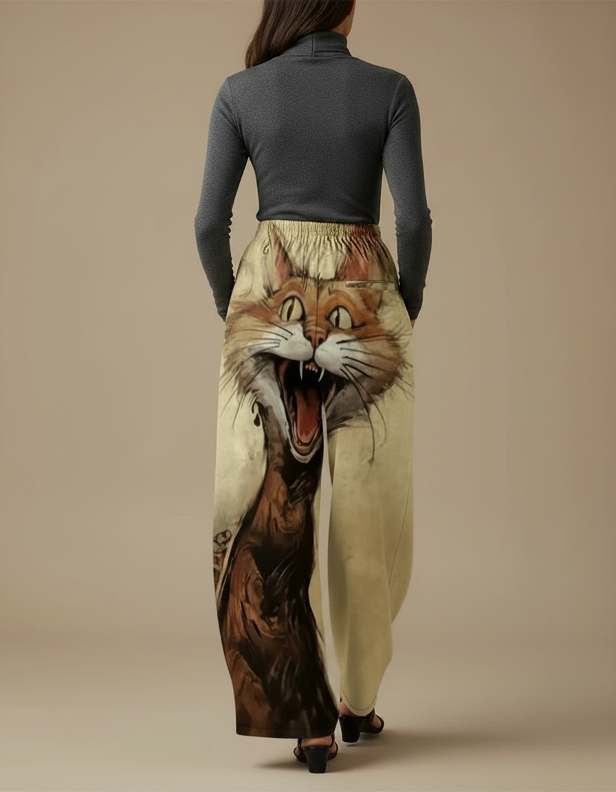 Pantalon Fluide Imprimé Chat Ample Décontracté Beige - Viscose - vue 2