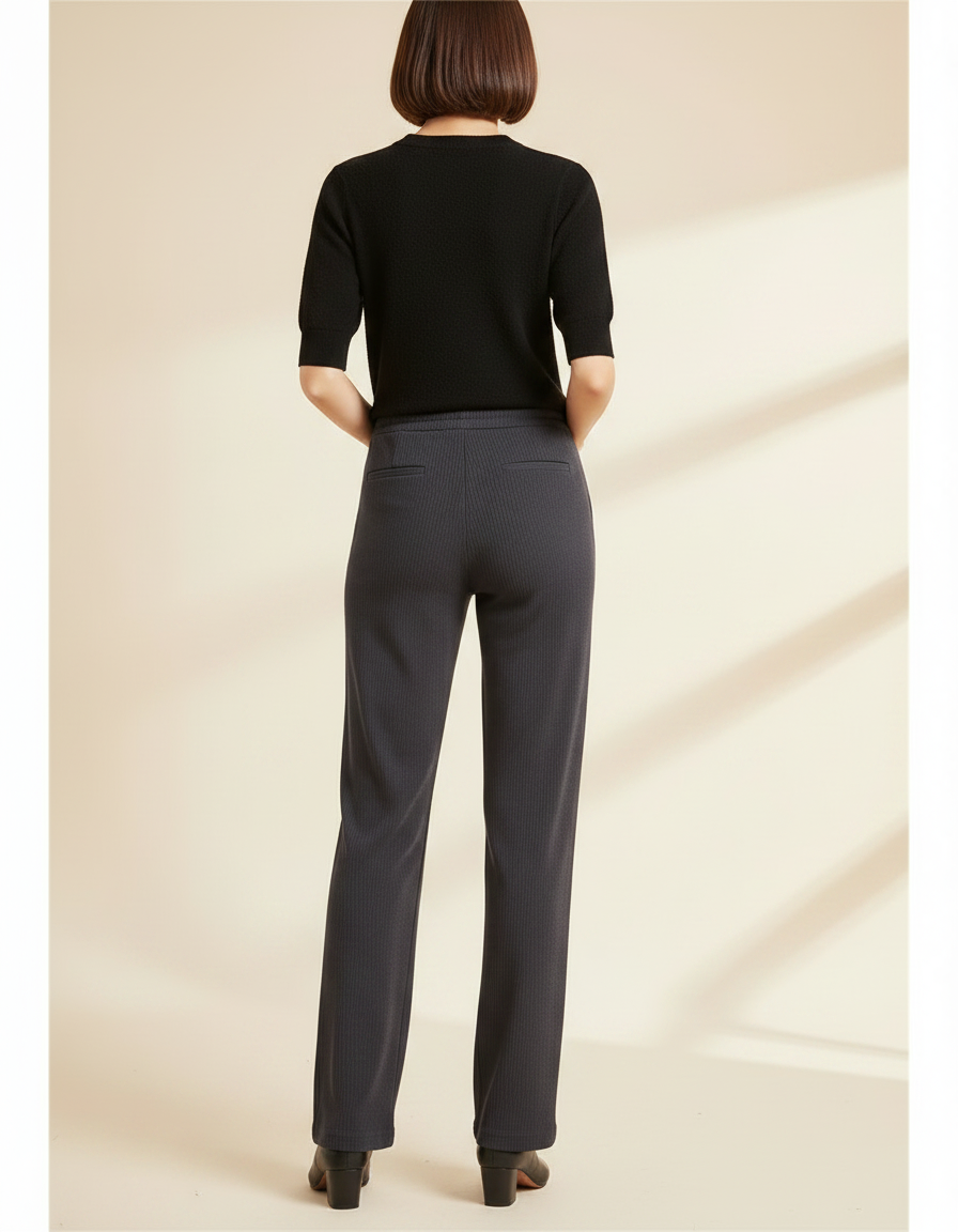 Pantalon Fluide Noir Côtelé Ample Décontracté Élastique - Gris Cordé - vue 2