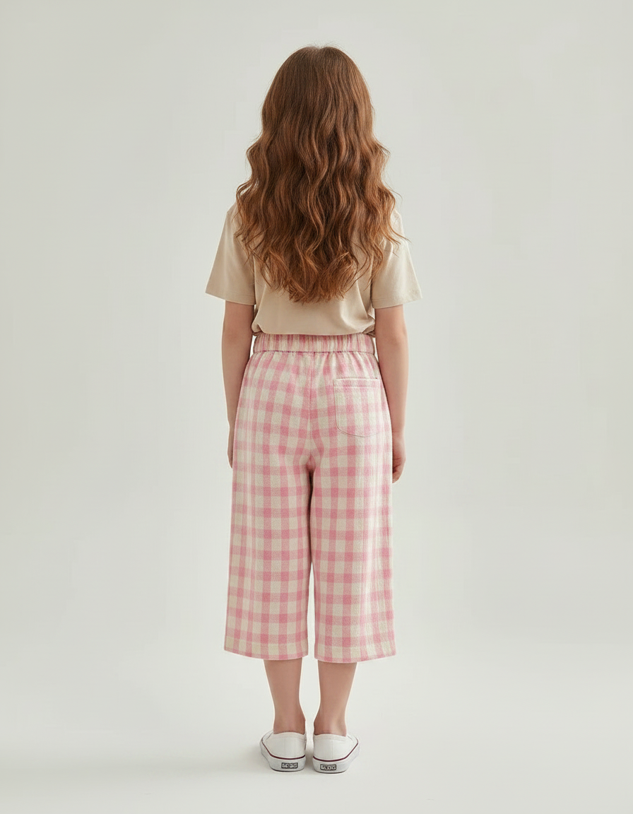 Pantalon Fluide Rose Carreaux Ample Coton Enfant - vue 2