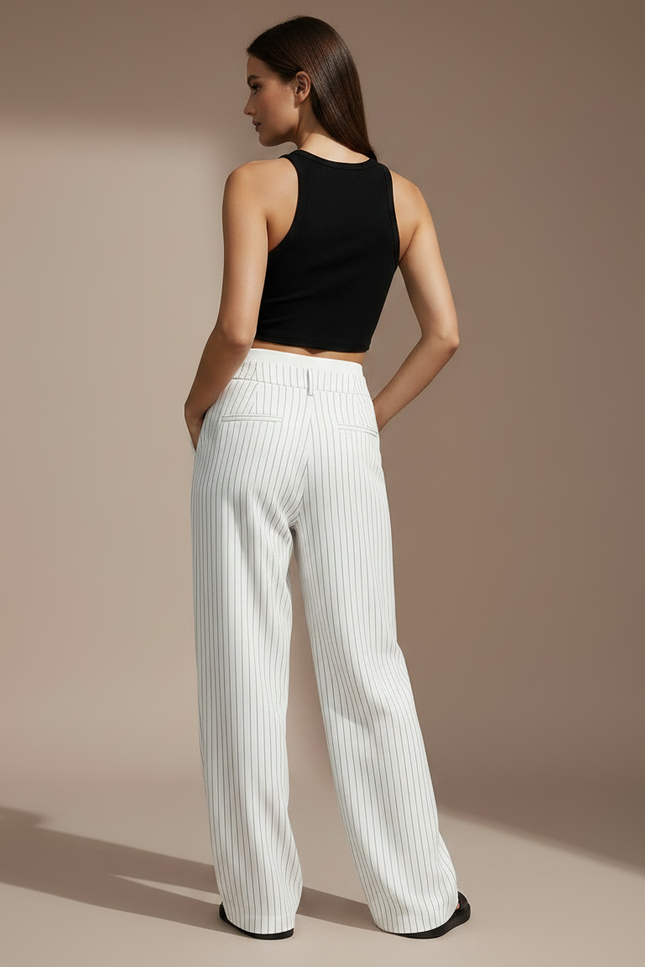 Pantalon Fluide Blanc Rayé Ample Taille Haute - Viscose - vue 2