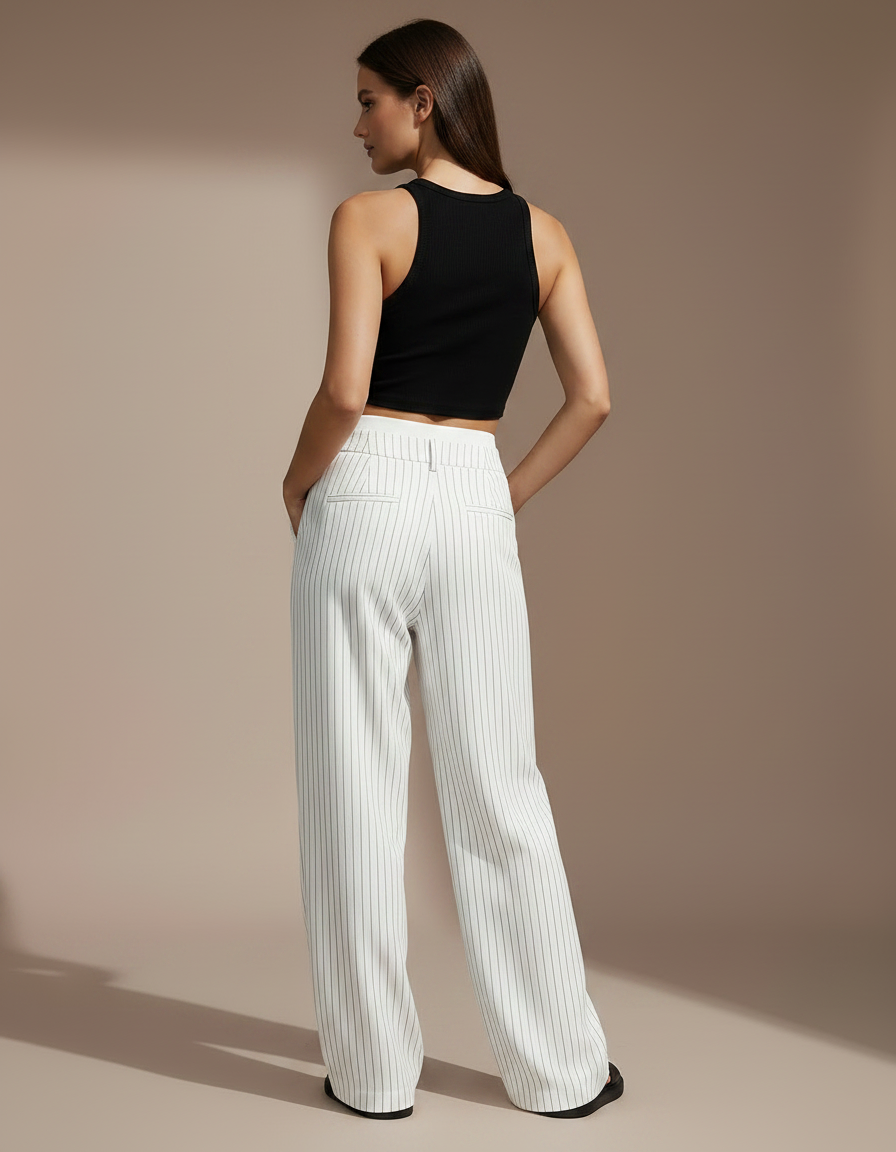 Pantalon Fluide Blanc Rayé Ample Taille Haute - Viscose - vue 2