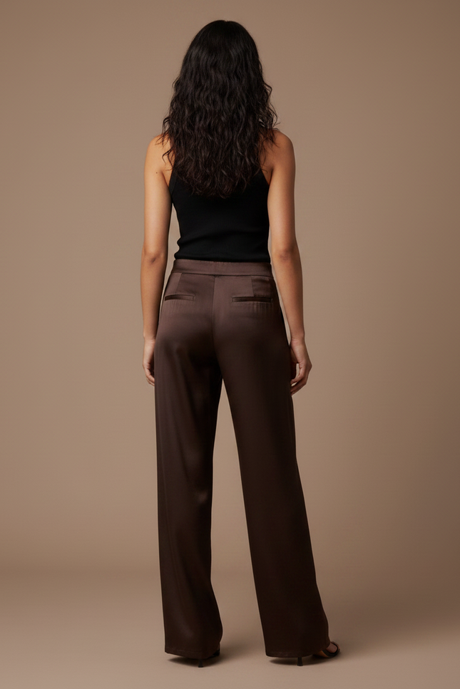 Pantalon Fluide Marron Satiné Large Élégant Femme - vue 2