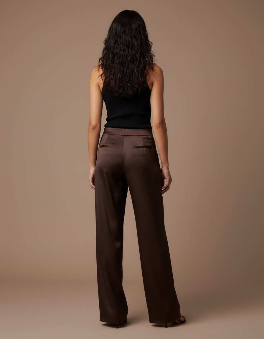 Pantalon Fluide Marron Satiné Large Élégant Femme - vue 2
