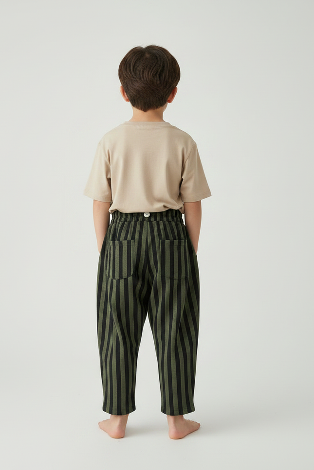 Pantalon Fluide Rayé Vert Noir Ample Coton Enfant - Kaki - vue 2
