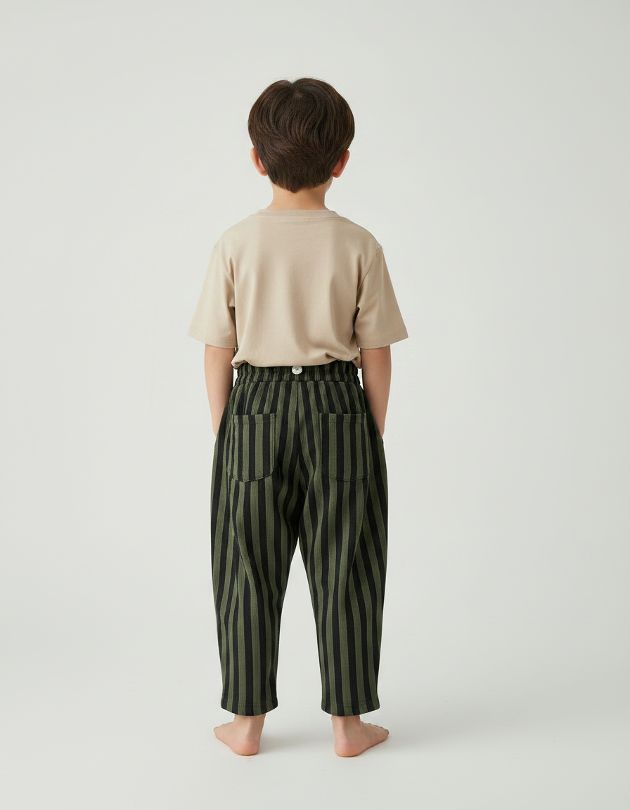 Pantalon Fluide Rayé Vert Noir Ample Coton Enfant - Kaki - vue 2