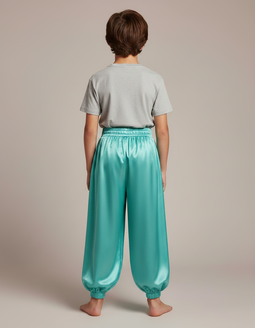 Pantalon Fluide Satiné Turquoise Ample Élastique Enfant - Bleu - vue 2