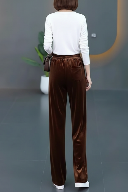 Pantalon Fluide Velours Marron Ample Élastique Femme - vue 2