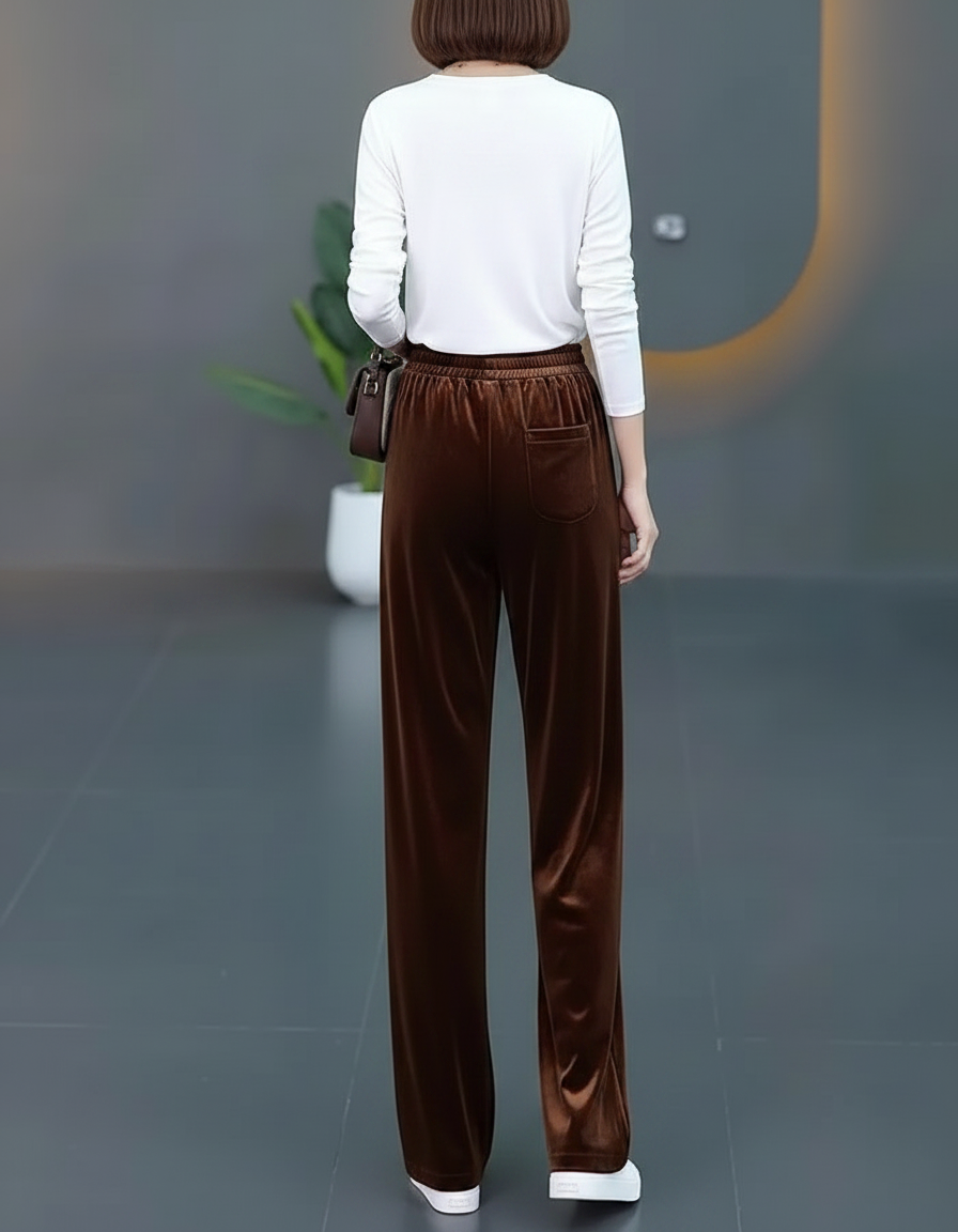Pantalon Fluide Velours Marron Ample Élastique Femme - vue 2
