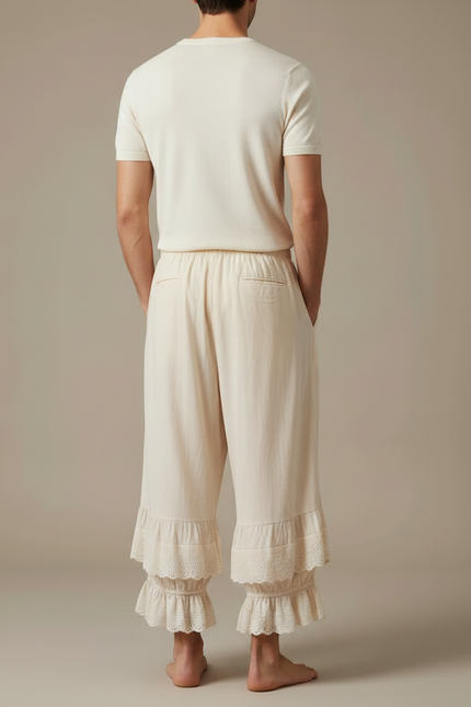 Pantalon Fluide Écru Ample Dentelle Coton Décontracté - Beige - vue 2