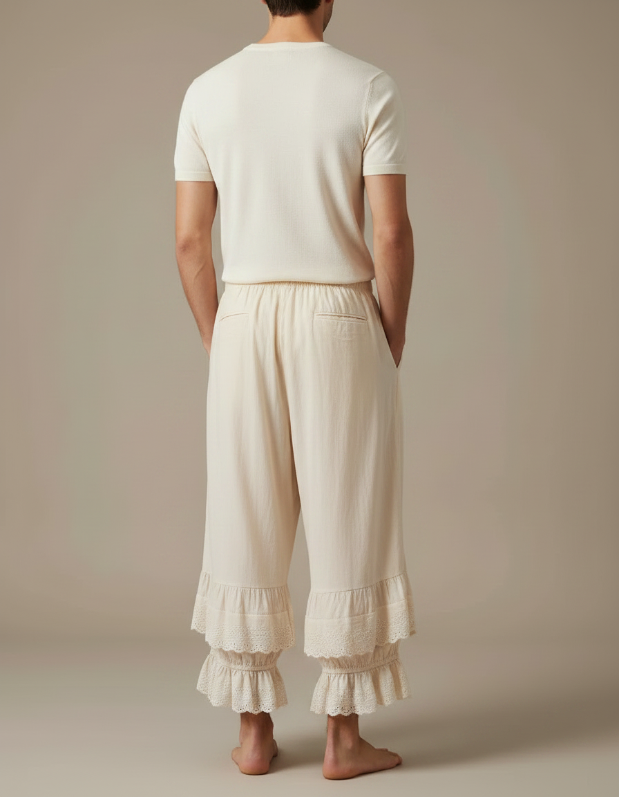 Pantalon Fluide Écru Ample Dentelle Coton Décontracté - Beige - vue 2