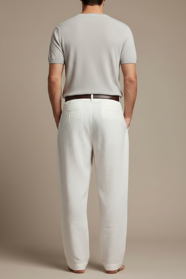 Pantalon Fluide Blanc Lin Plissé Droit Décontracté Homme - vue 2