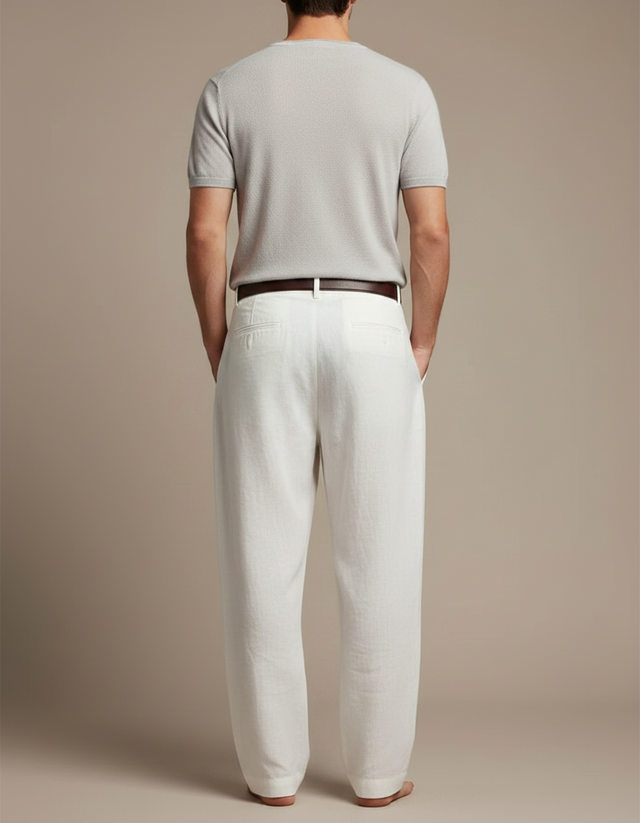 Pantalon Fluide Blanc Lin Plissé Droit Décontracté Homme - vue 2