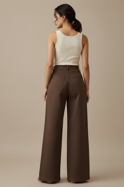 Pantalon Fluide Marron Plissé Ample Taille Haute Femme - Gabardine - vue 2
