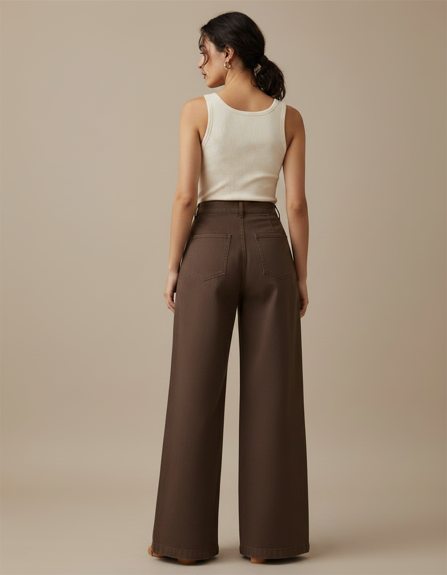 Pantalon Fluide Marron Plissé Ample Taille Haute Femme - Gabardine - vue 2