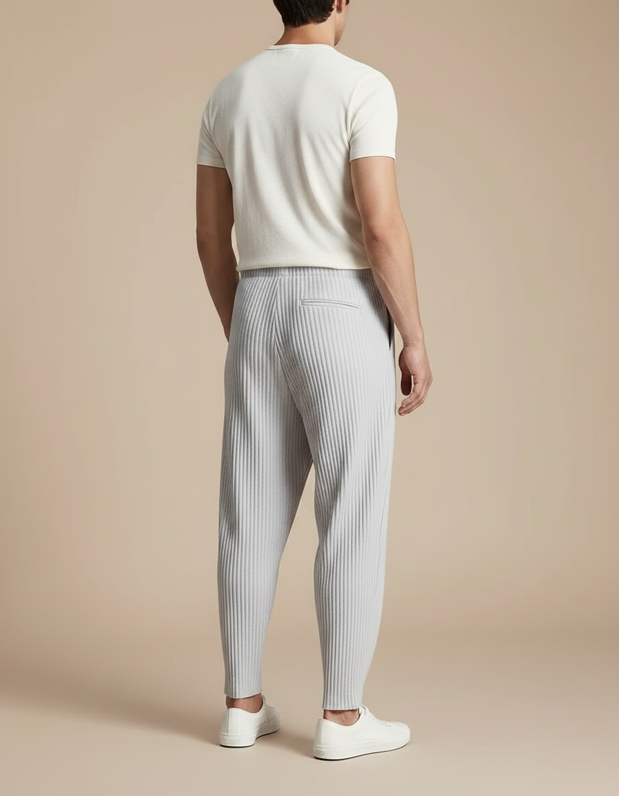 Pantalon Fluide Plissé Gris Ample Décontracté Homme Coton - Polyester - vue 2