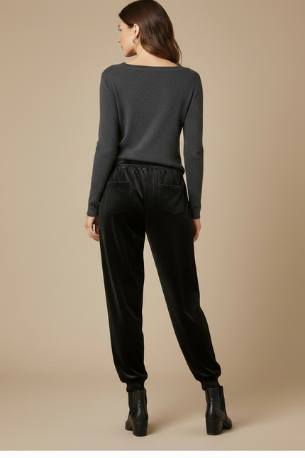 Pantalon Fluide Noir Velours Côtelé Ample Décontracté Élastique - vue 2