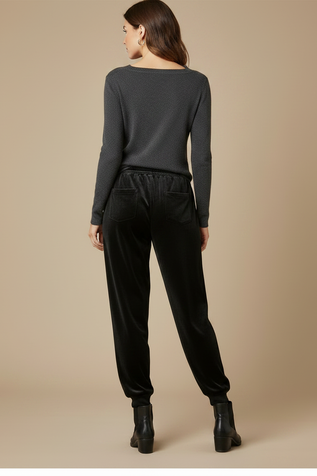 Pantalon Fluide Noir Velours Côtelé Ample Décontracté Élastique - vue 2