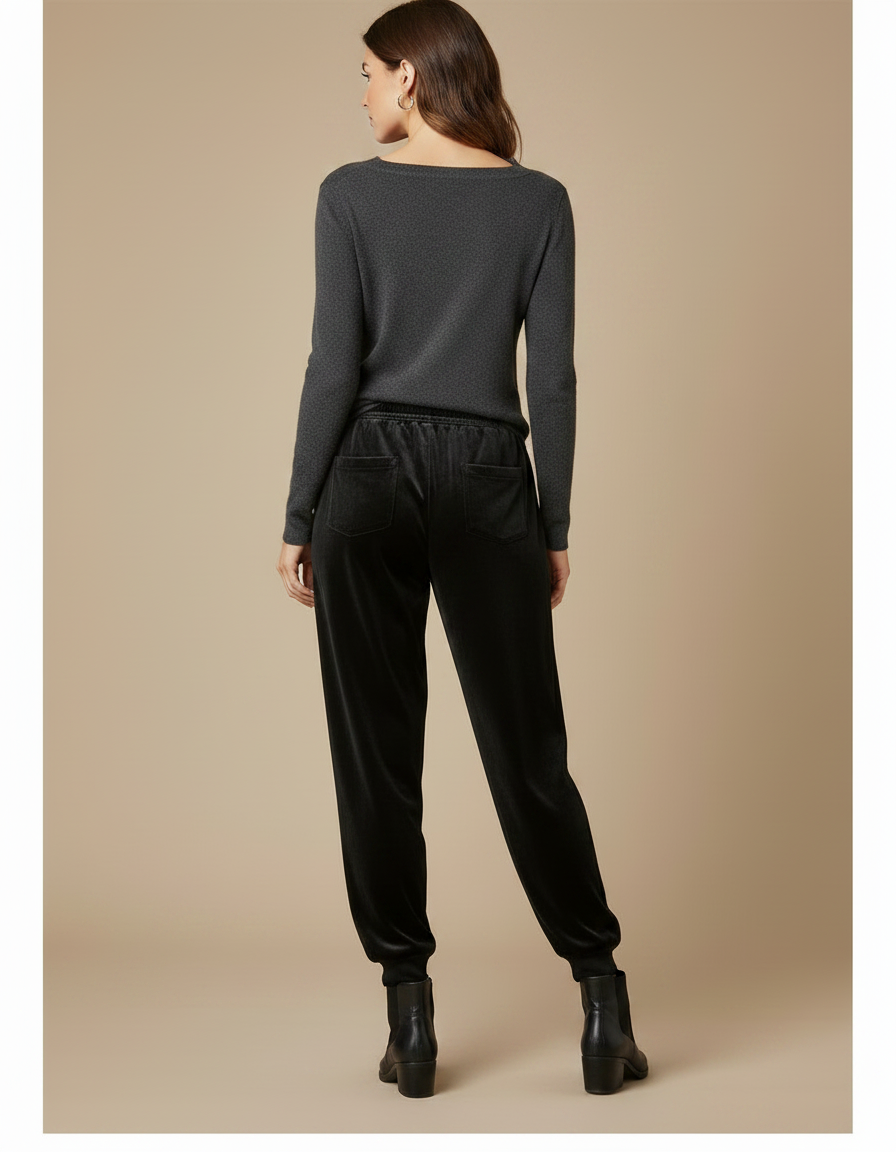 Pantalon Fluide Noir Velours Côtelé Ample Décontracté Élastique - vue 2