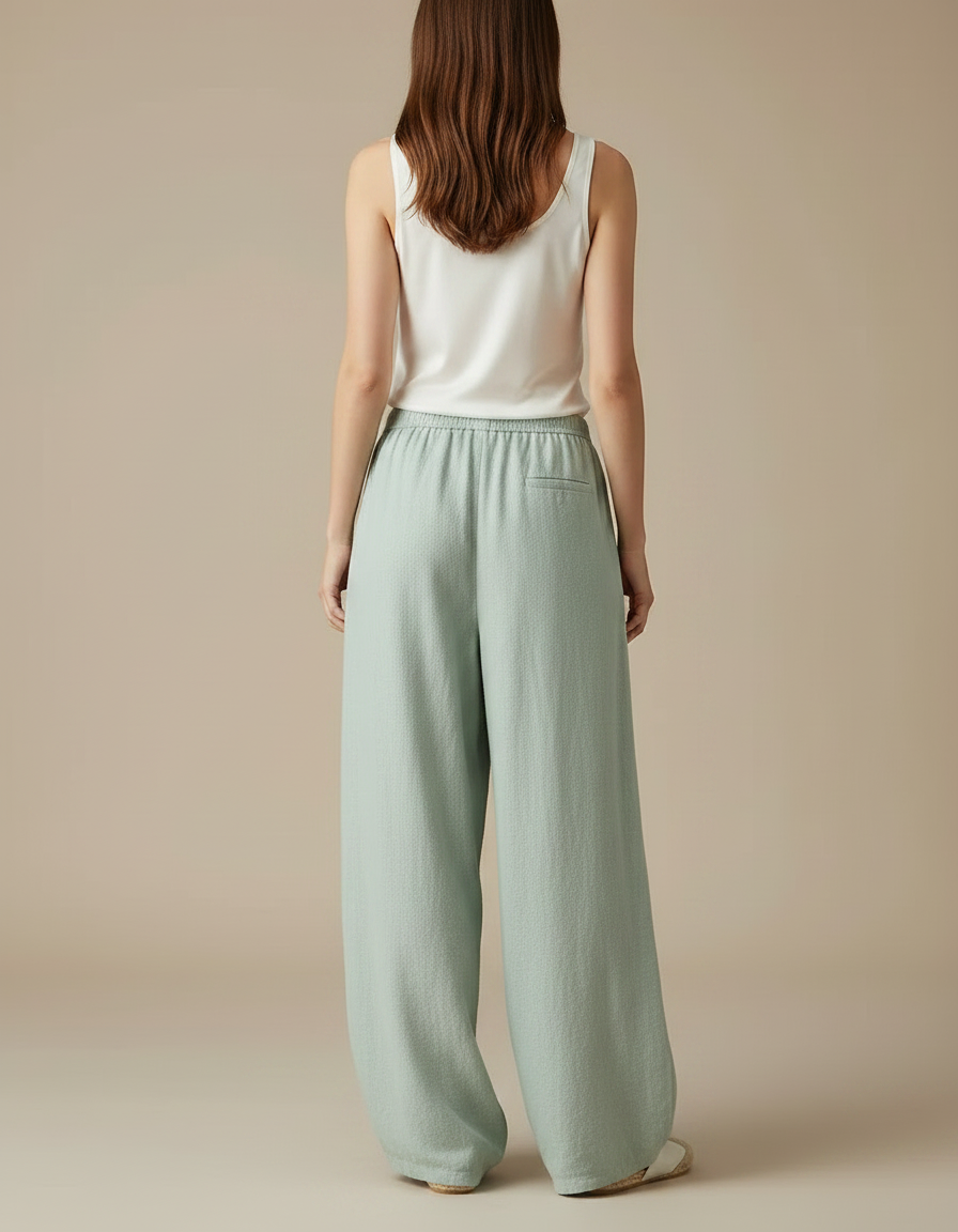 Pantalon Fluide Lin Coton Ample Vert Menthe Femme - vue 2