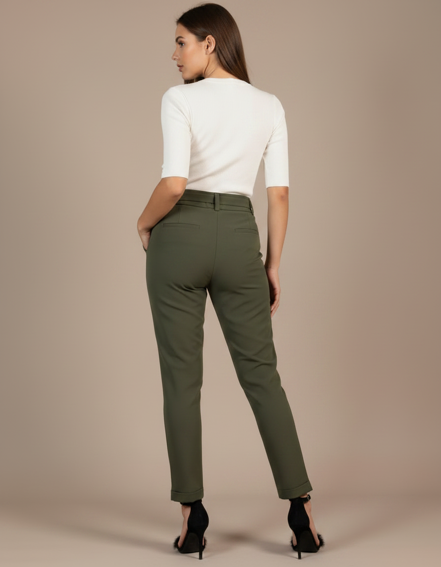 Pantalon Fluide Cigarette - Kaki Polyester - vue 2