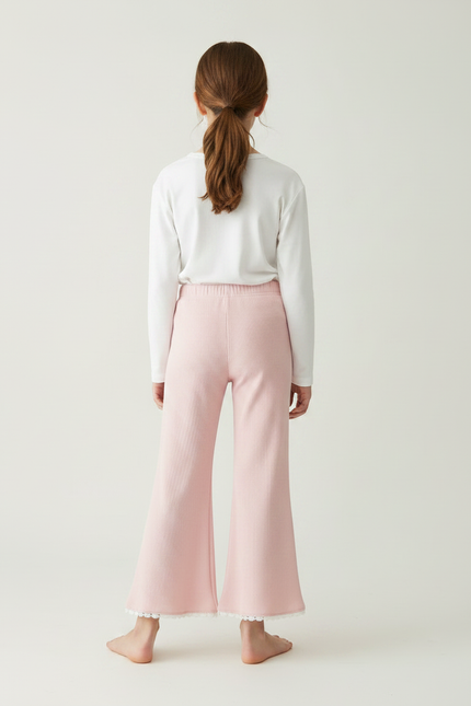 Pantalon Fluide Rose Côtelé Évasé Dentelle Enfant - Maille - vue 2