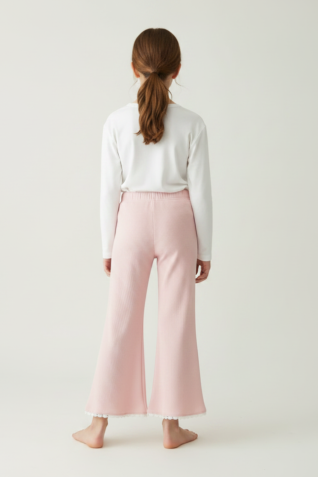 Pantalon Fluide Rose Côtelé Évasé Dentelle Enfant - Maille - vue 2