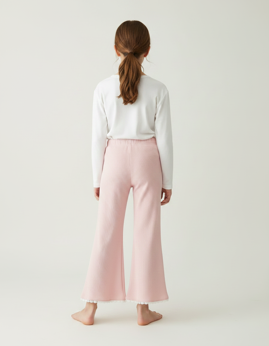 Pantalon Fluide Rose Côtelé Évasé Dentelle Enfant - Maille - vue 2