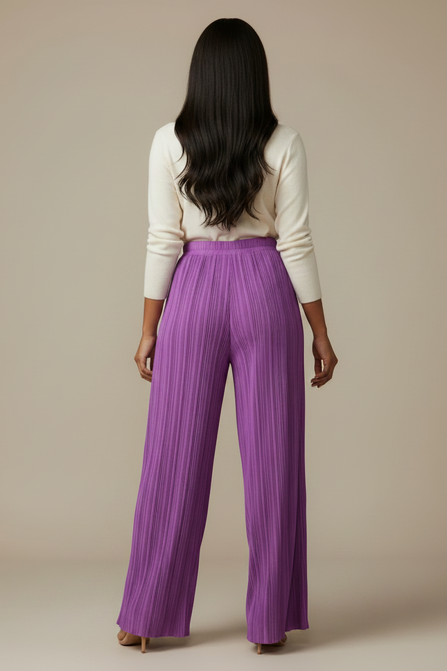 Pantalon Fluide Violet Plissé Ample Élégant Femme - Polyester - vue 2