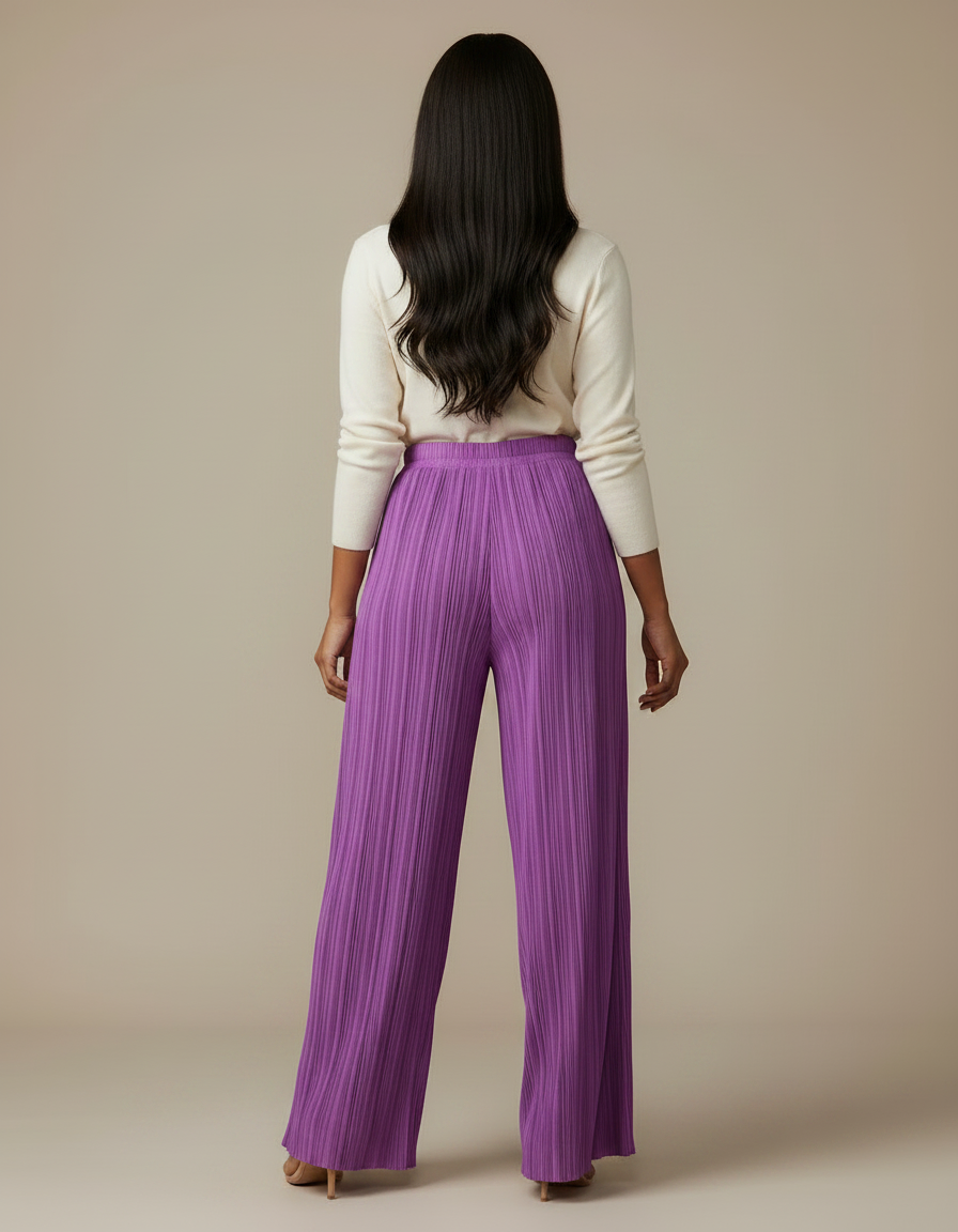 Pantalon Fluide Violet Plissé Ample Élégant Femme - Polyester - vue 2