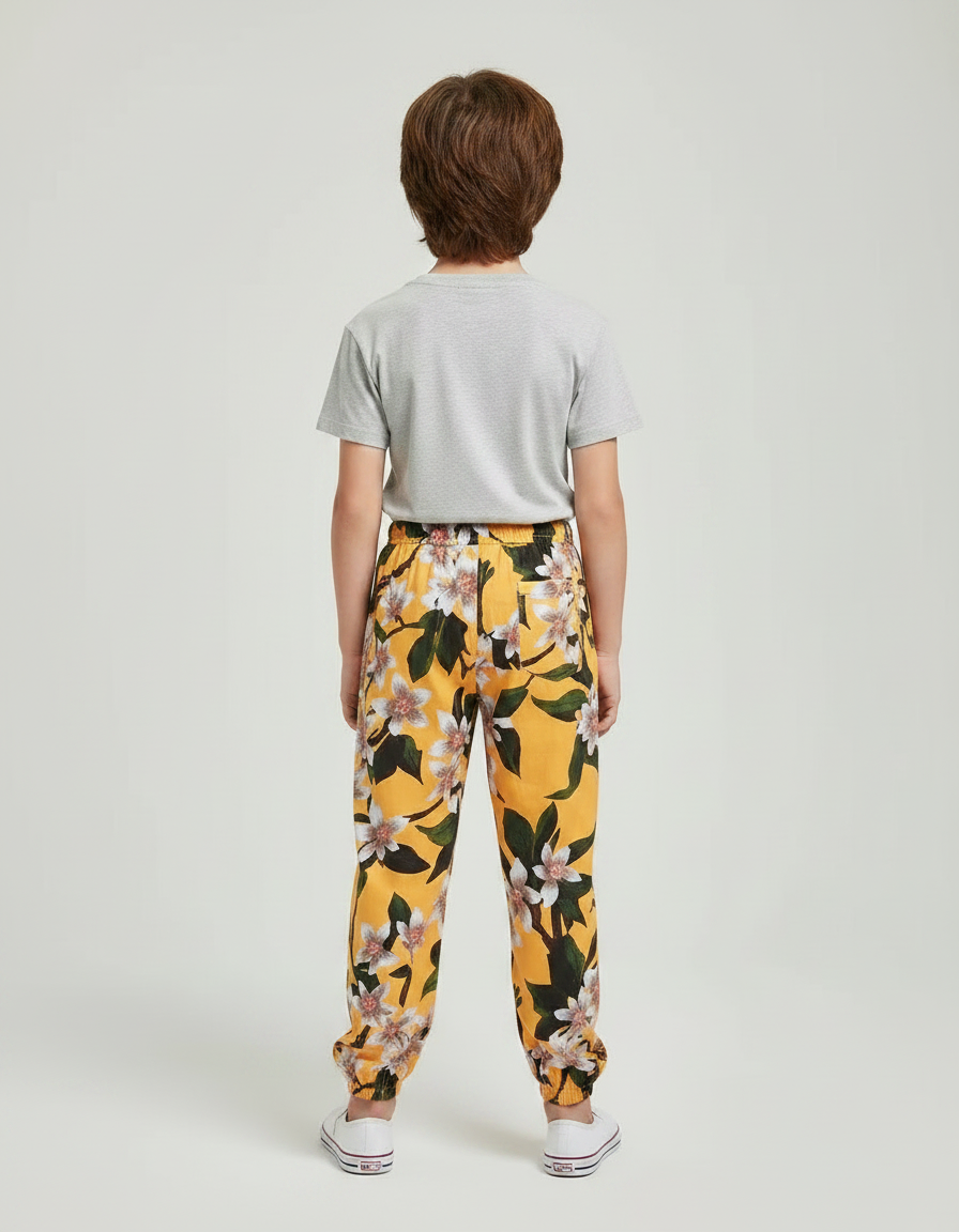 Pantalon Fluide Jaune Imprimé Floral Coton Léger Enfant - vue 2
