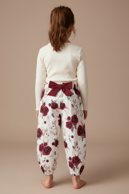 Pantalon Fluide Blanc Imprimé Lapin Fleuri Ample Fille - Viscose - vue 2