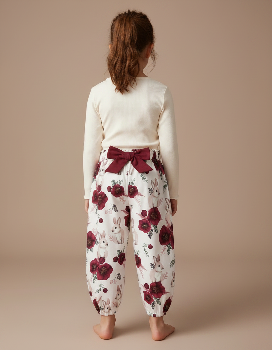 Pantalon Fluide Blanc Imprimé Lapin Fleuri Ample Fille - Viscose - vue 2